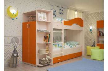 Двухъярусная кровать со шкафом Мая щиты оранжевый