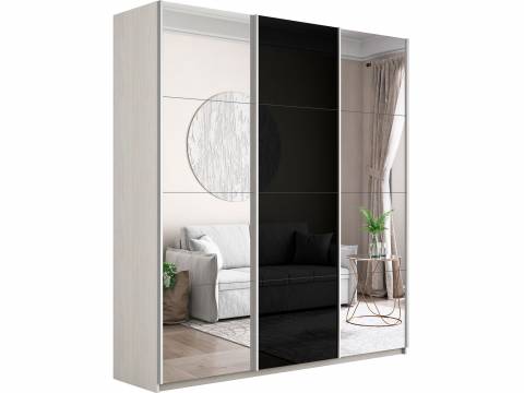 Шкаф-купе Прайм 3-х дверный 1800 Зеркало/Стекло Черное/Зеркало Ясень Анкор Светлый