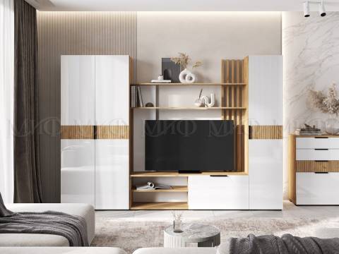 Гостиная модульная Роджина Белый глянец, Дуб крафт