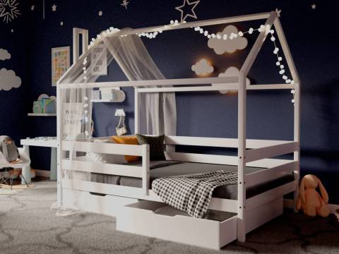 Кроватка-Домик белый 80х160 см с ящиками